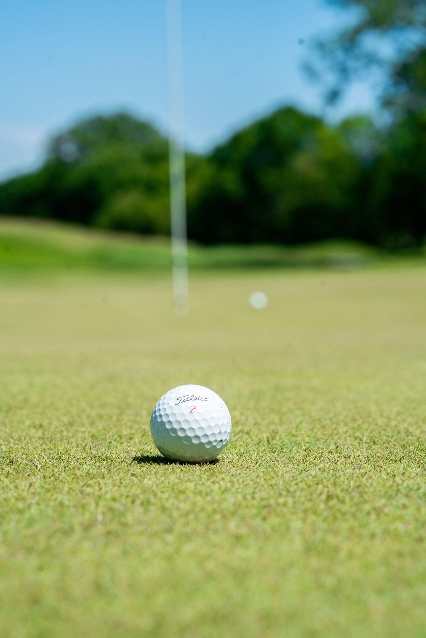 A close up of a golf ball resting on a green with another ball and the pin in the background.