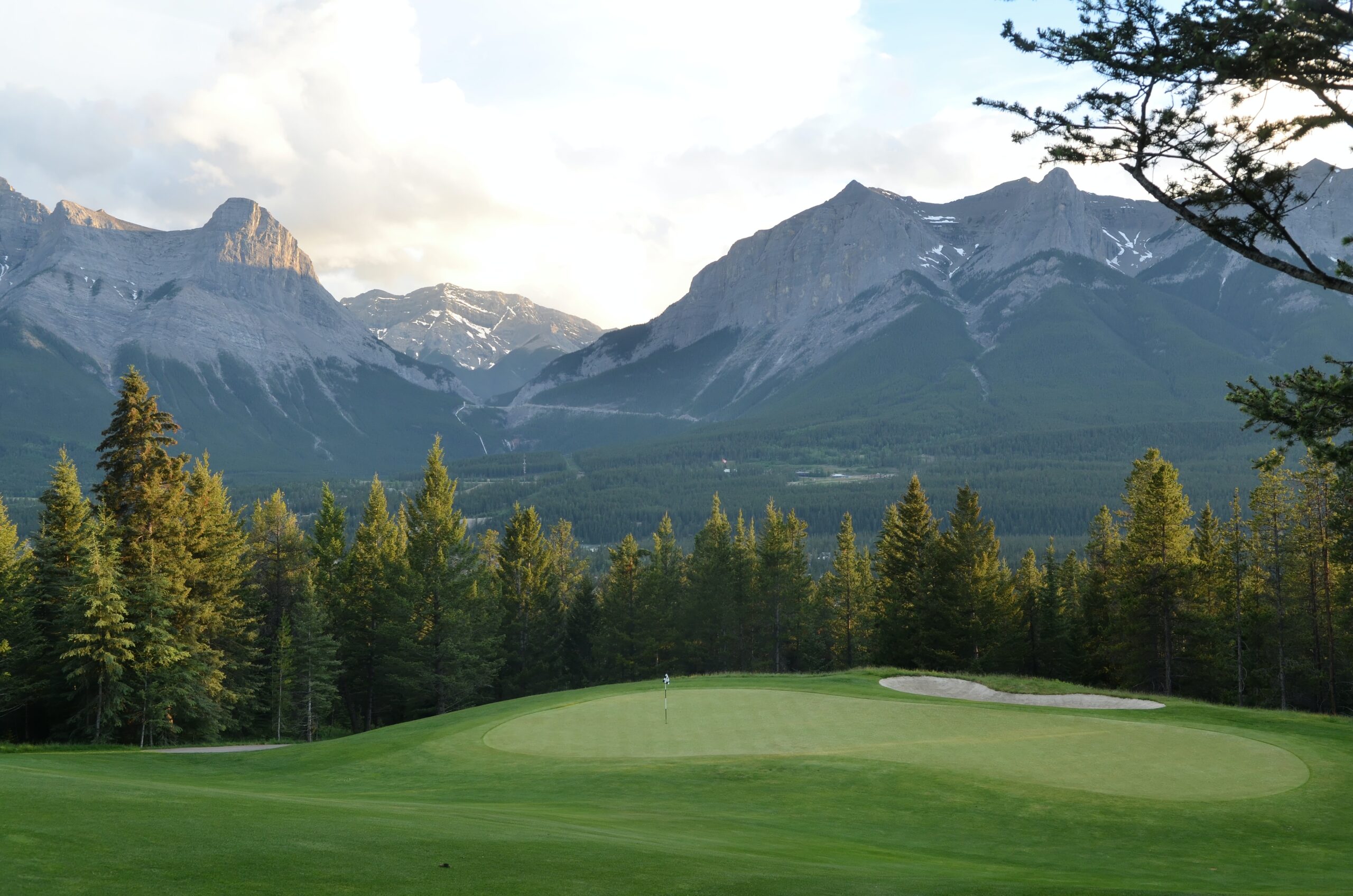 A majestic golf course with mountains and pine trees in the background.