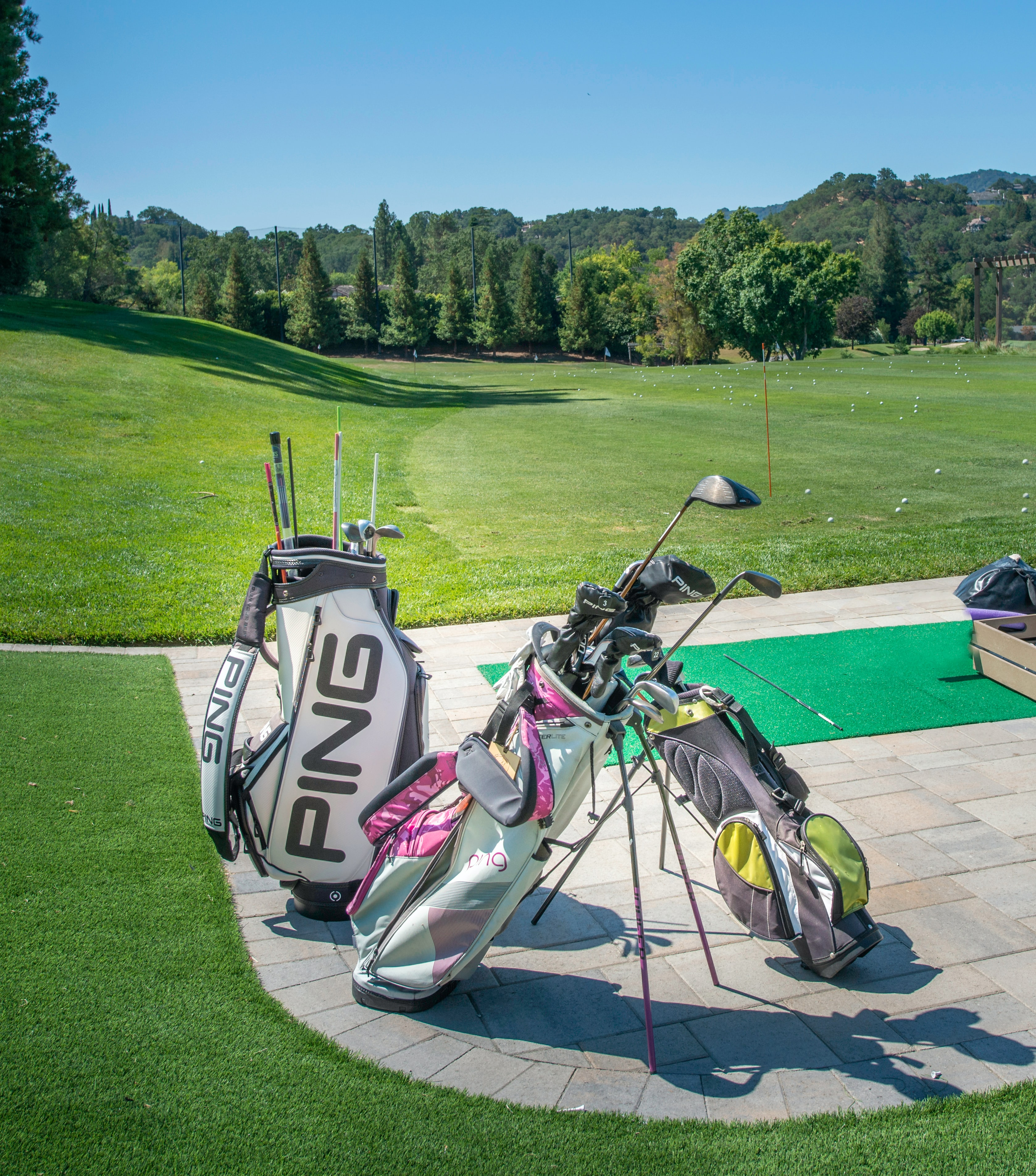 Three golf bags sitting in front of a golf course.