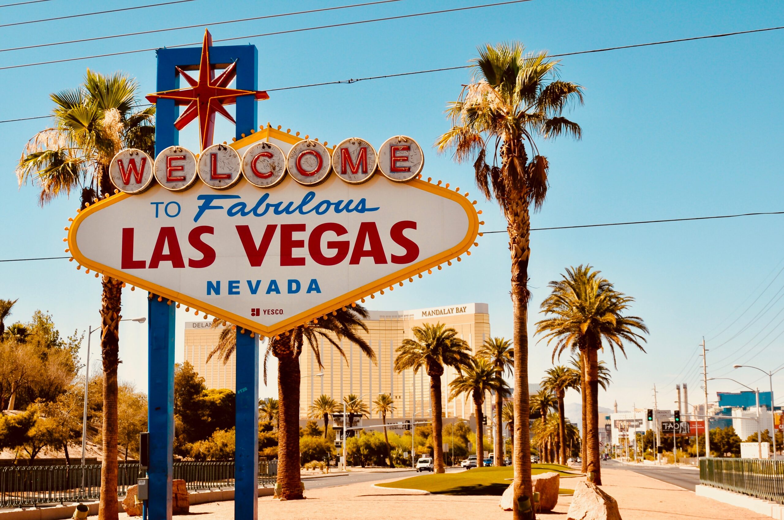 A sign for Las Vegas with palm trees in the background.