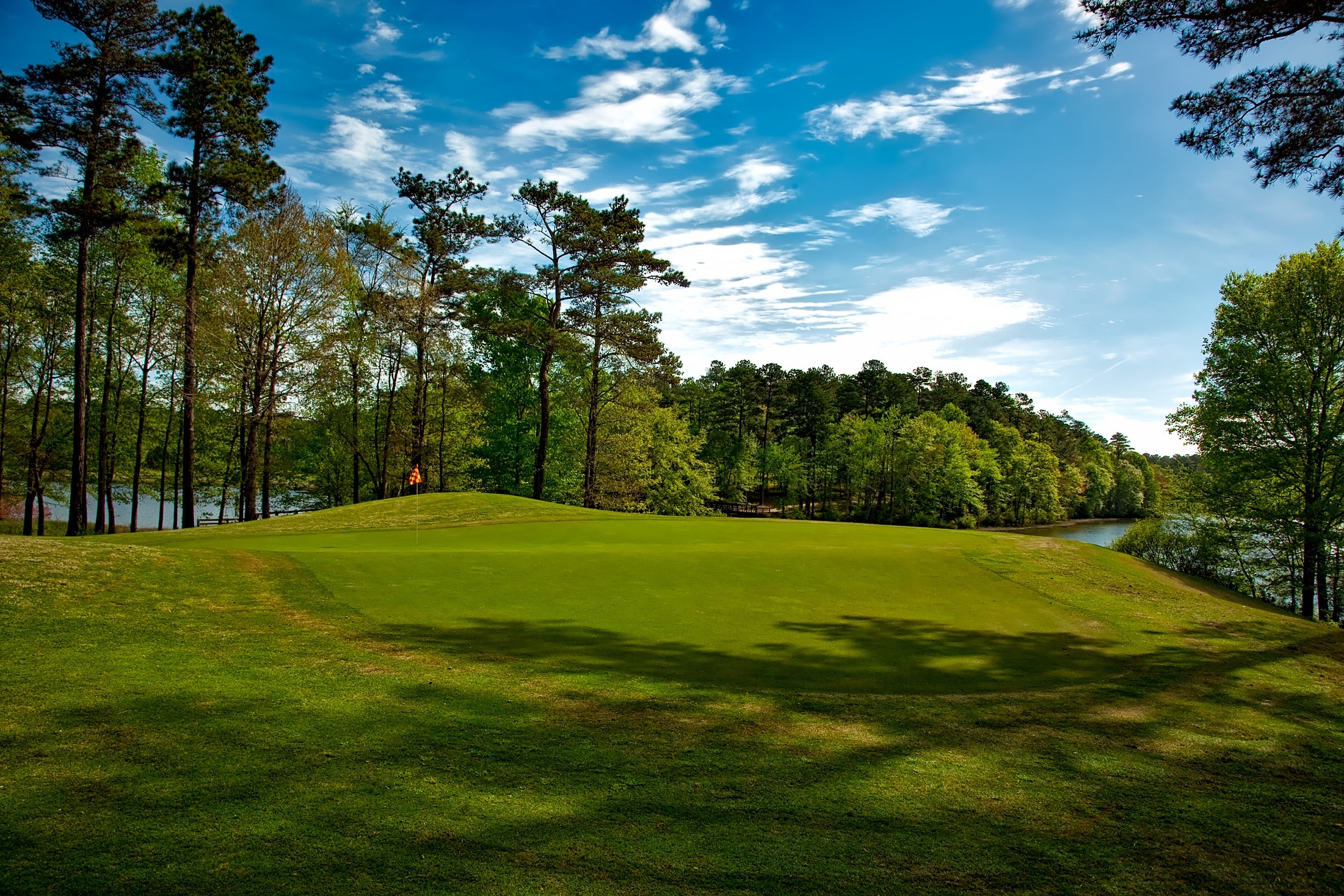 A golf course with a pristine green in frame surrounded by trees